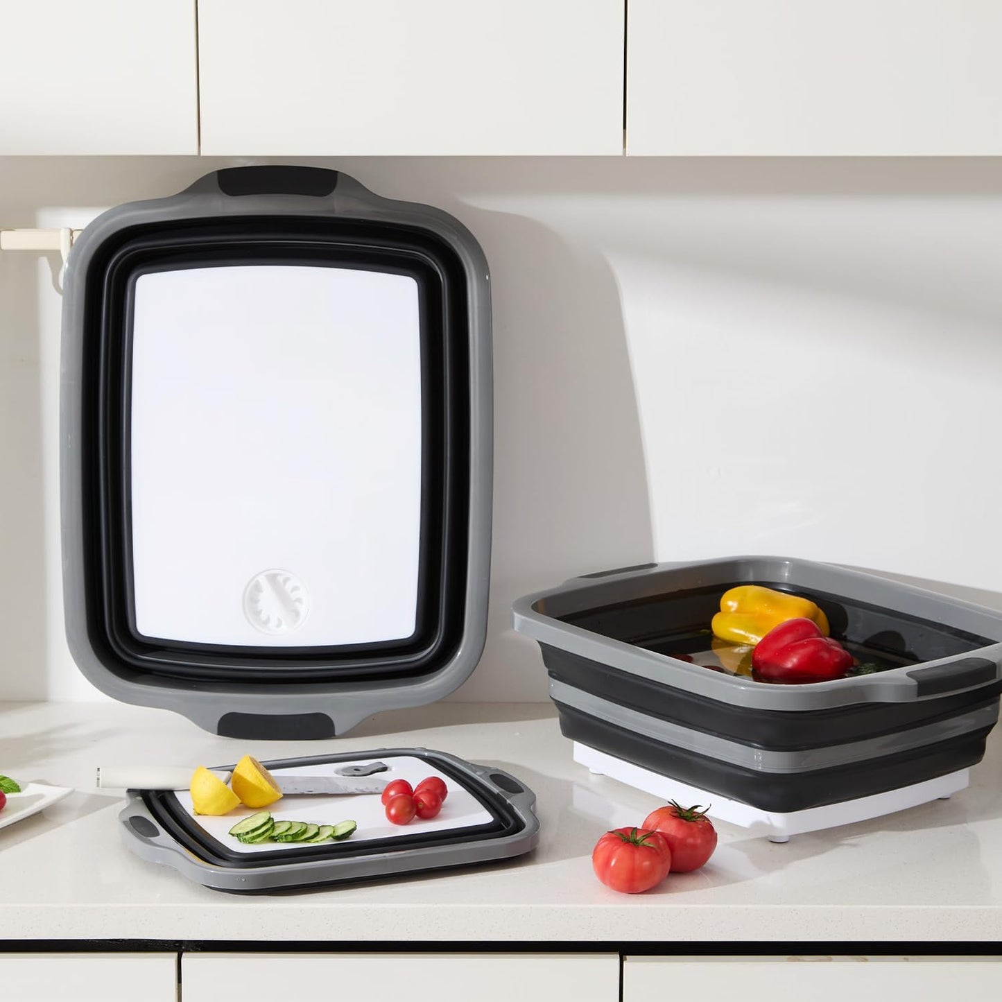 TANOSHII 3-Piece Collapsible BBQ Prep Tubs with Lids and Built-in Cutting Board – For Meal Prep Marinating Food Storage&Washing – Picnic Camping – Set of 3 – (1) Medium + (1) L + (1) XL – Black