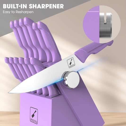imarku® Kitchen Knife Set, Sharp Knives Set with Built-in Sharpener, Stainless Steel Block Knife Set and Non-Slip Ergonomic Handle, Dishwasher Safe, 14 PCS Professional Knife Set for Gift, Lavender