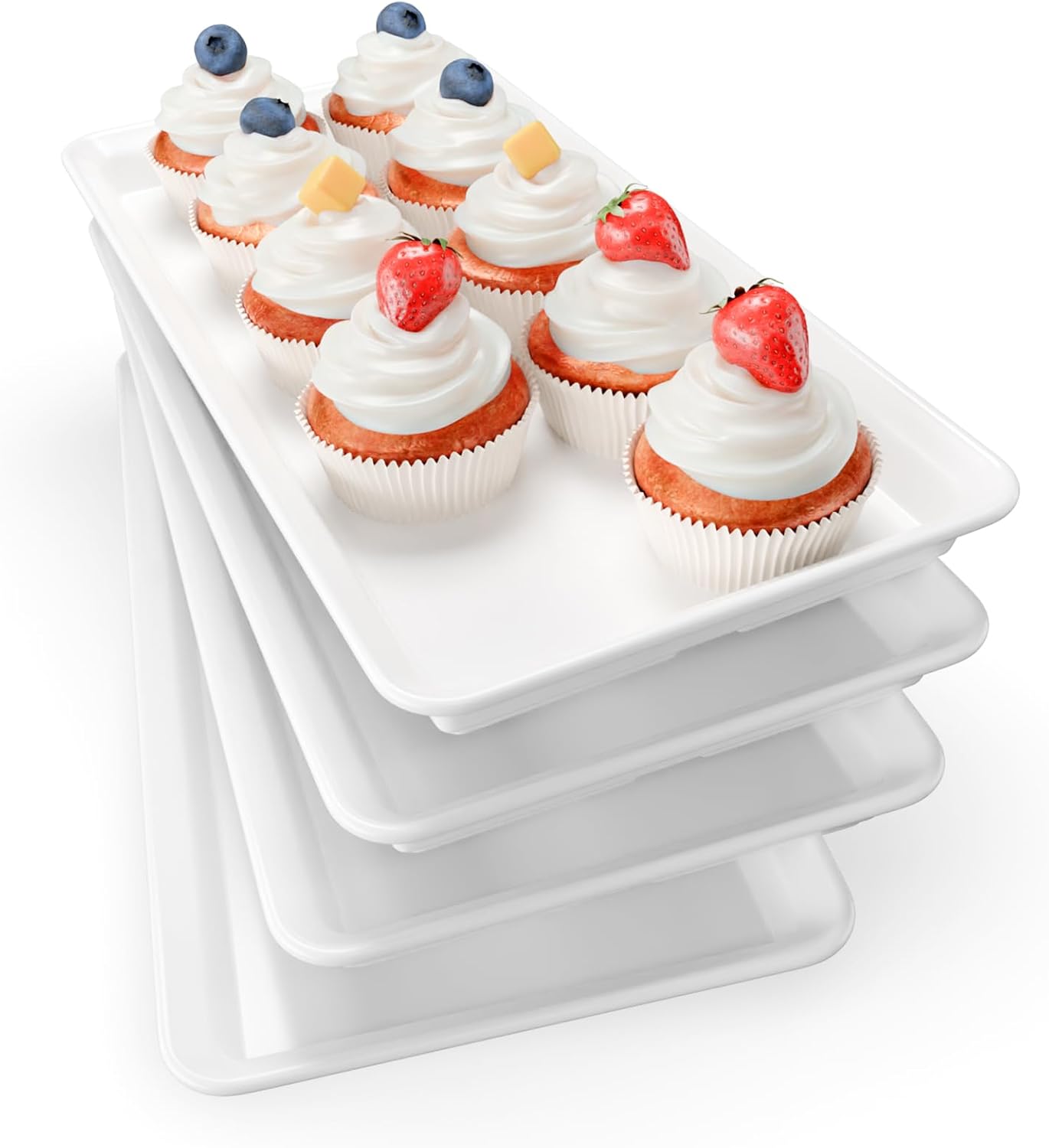 Extra Large Serving Tray Melamine Plastic for Party Supplies, 14" x 7" Platters for Serving Food, 4 pcs White Reusable Tray for Veggie, Snack, Fruit, Cookies, Desserts in Kitchen/Pantry Organization