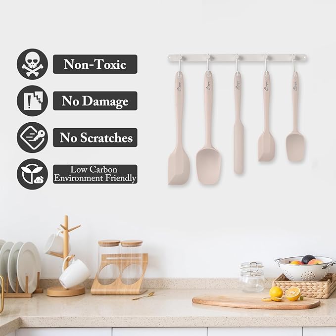 HOTEC 600℉ Heat Resistant BPA-Free Silicone Rubber Spatula Set,Kitchen Cooking Spatulas, Baking, Mixing for Non Stick Cookware, Dishwasher Safe, Set of 5, Khaki