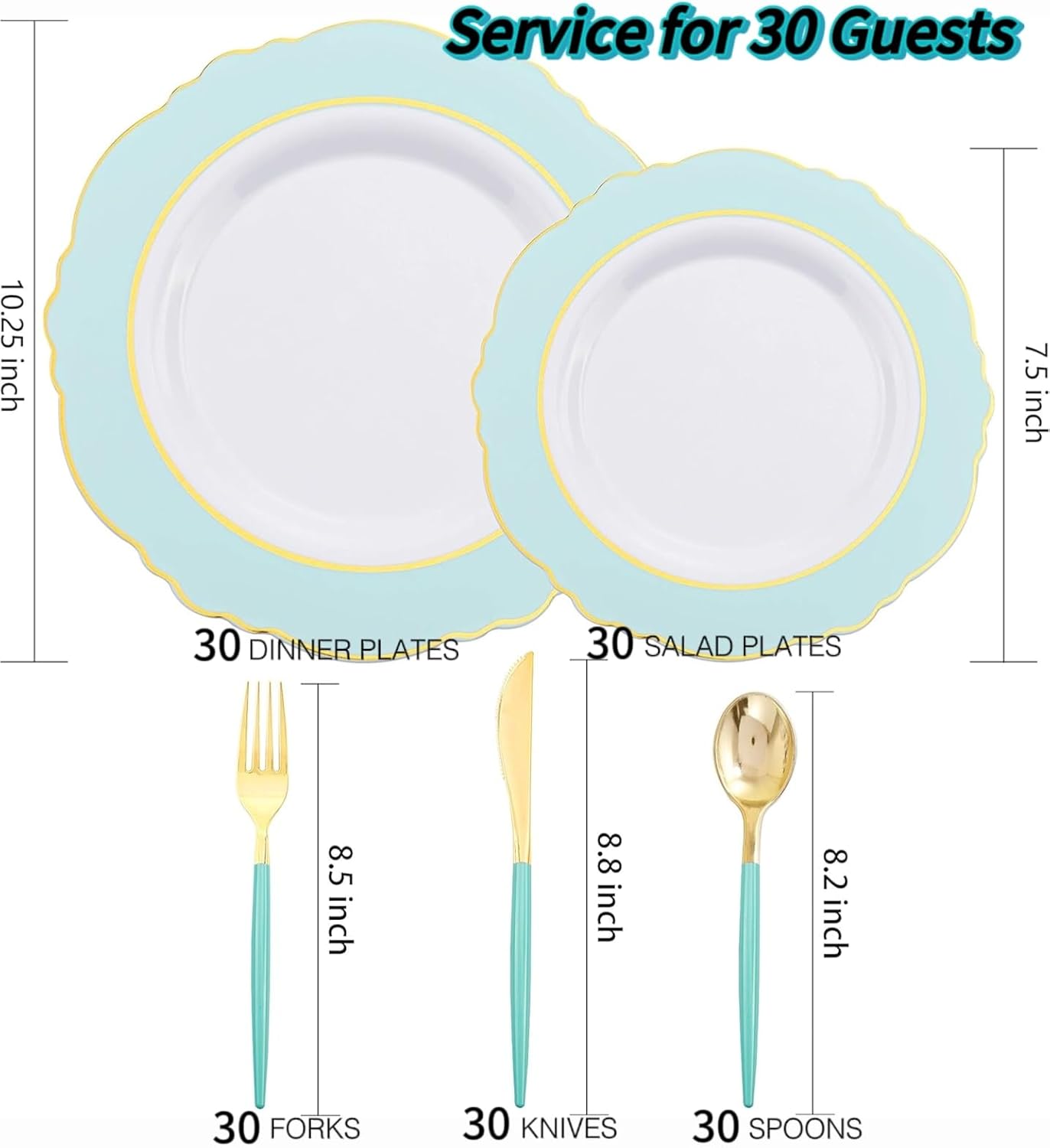 WDF 30Guest Mint Green Plastic Plates & Disposable Gold Silverware With Green Handle-Baroque Green &Gold Plastic Dinnerware for Upscale Party/Picnic/Birthday