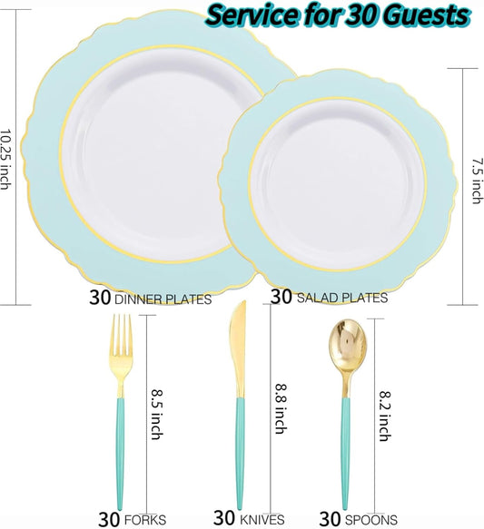 WDF 30Guest Mint Green Plastic Plates & Disposable Gold Silverware With Green Handle-Baroque Green &Gold Plastic Dinnerware for Upscale Party/Picnic/Birthday