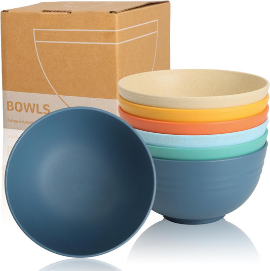 Wrova Wheat Straw Camping Bowls Sets of 6,Unbreakable 26oz Lightweight Bowls Sets for Outdoors Activity,Breakfast Bowls for Cereal and Salad.Vibrant Series