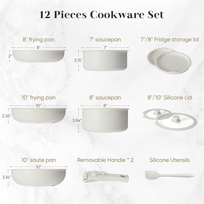 12 Pcs Pots and Pans Set, Nonstick Kitchen Cookware Sets Detachable Handle, Induction Healthy Non Stick RV Cookware, Dishwasher ＆ Oven Safe, Beige