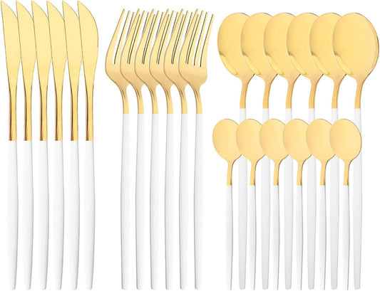 Mirror Cutlery Serving Set, 24-piece 18/0 Stainless Steel Silverware With White Handle Simple & Modern Tableware For Home Party Restaurant Christmas Dinner, Service For 6 (White Gold)