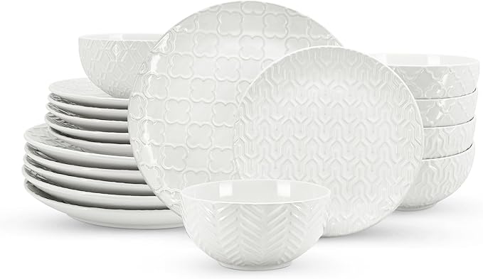 Sureasy Ceramic Dinnerware Sets for 6, 18 Pieces Stoneware Plates and Bowls Sets, Embossed Scratch Resistant Dinner Set, Dishwasher&Microwave Safe, White