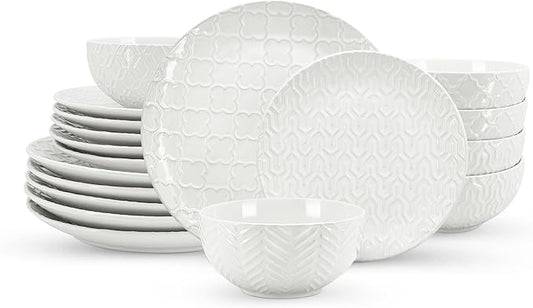 Sureasy Ceramic Dinnerware Sets for 6, 18 Pieces Stoneware Plates and Bowls Sets, Embossed Scratch Resistant Dinner Set, Dishwasher&Microwave Safe, White