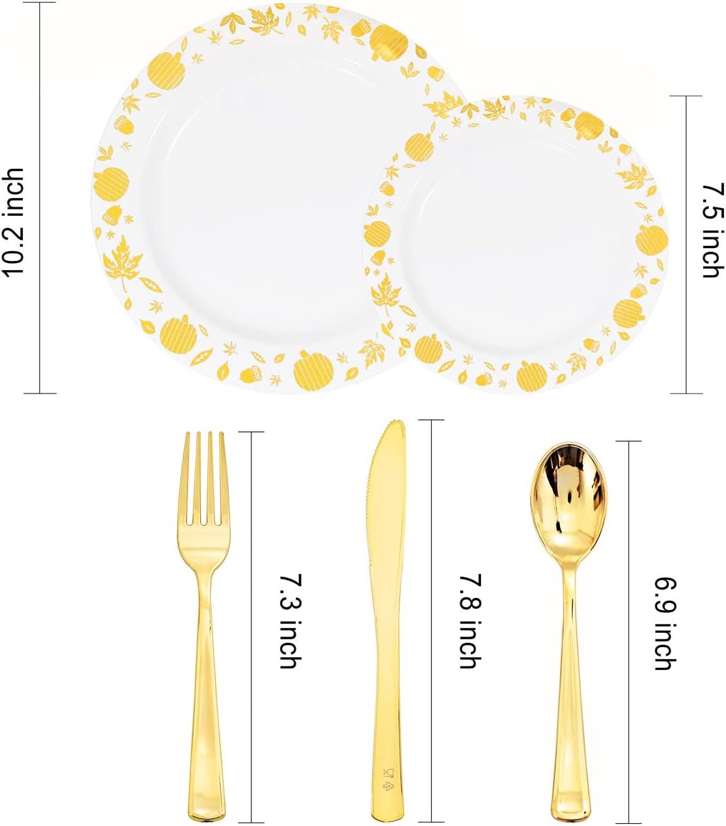 WDF 150pcs Gold Plastic Plates with Disposable Plastic Silverware - Premium Thanksgiving Dinnerware Sets for Thanksgiving Day&Parties