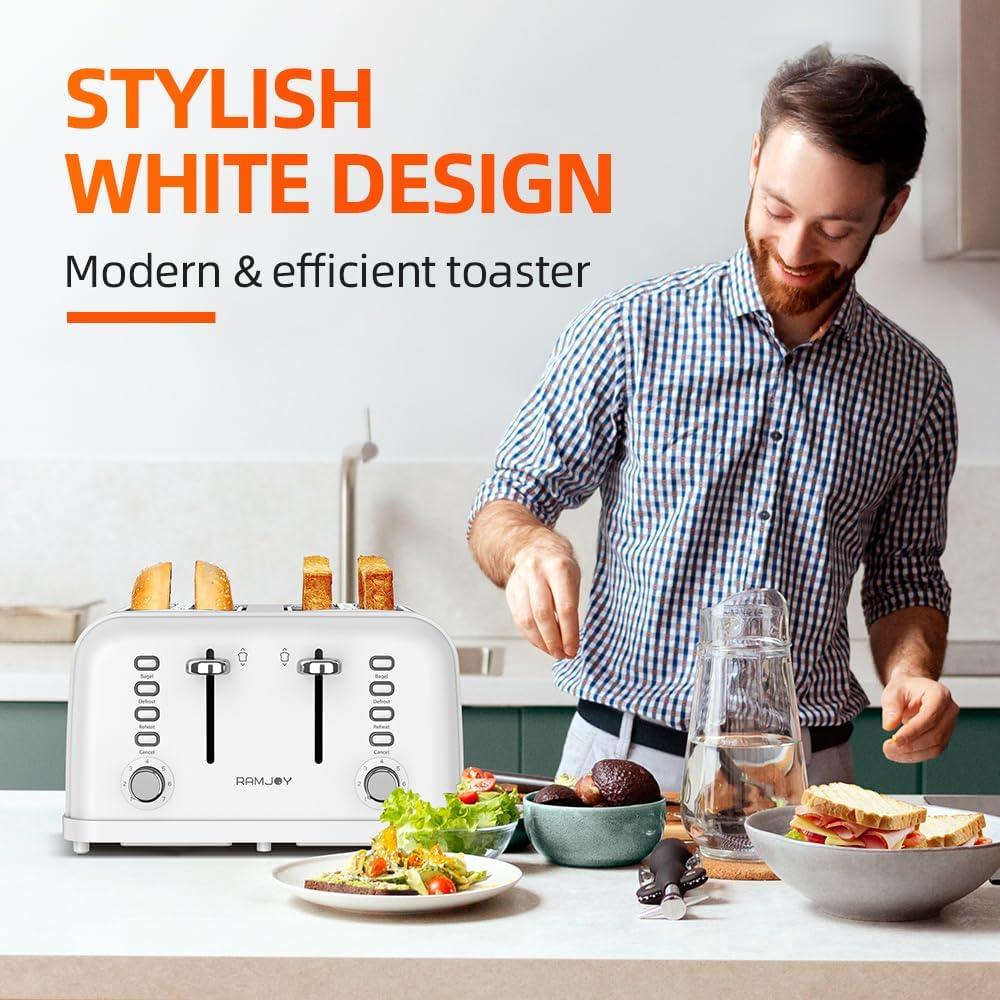 White Toaster 4 Slice, Dual Independent Controls, Extra Wide Slot Toasters for Bagel, Bread, Waffles, 7 Shade Settings, 4 Main Functions, Removable Crumb Tray, 1500 Watts, White Stainless Steel