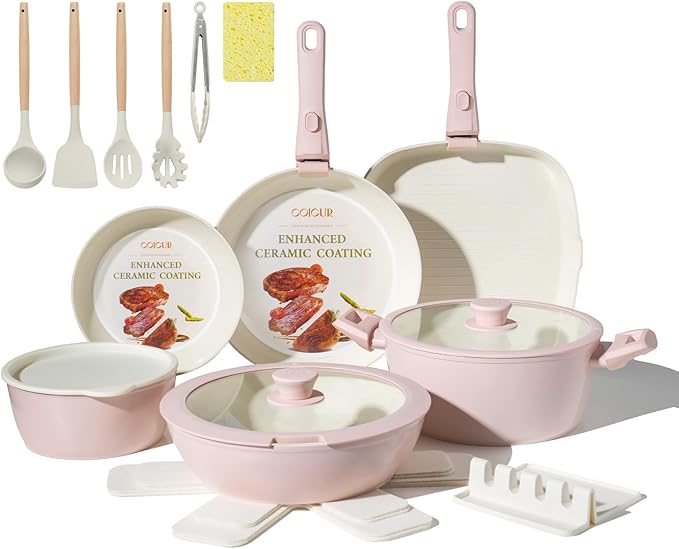 23Pcs Ceramic Cookware Set Non Stick Pots and Pans Set Non Toxic with Detachable Handle Induction Kitchen Cookware Set Space Saving, Oven & Dishwasher Safe, Pink