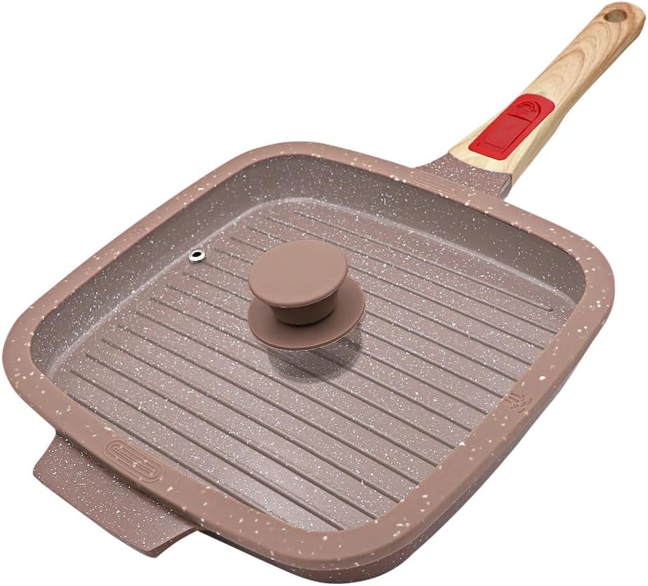 Nonstick Griddle Pan with Lid 10 Inch, Ceramic Coating, Detachable Handle, PFOA Free, Brown