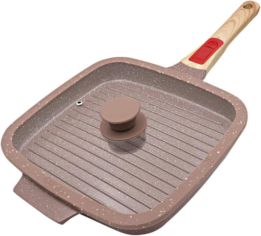 Nonstick Griddle Pan with Lid 10 Inch, Ceramic Coating, Detachable Handle, PFOA Free, Brown