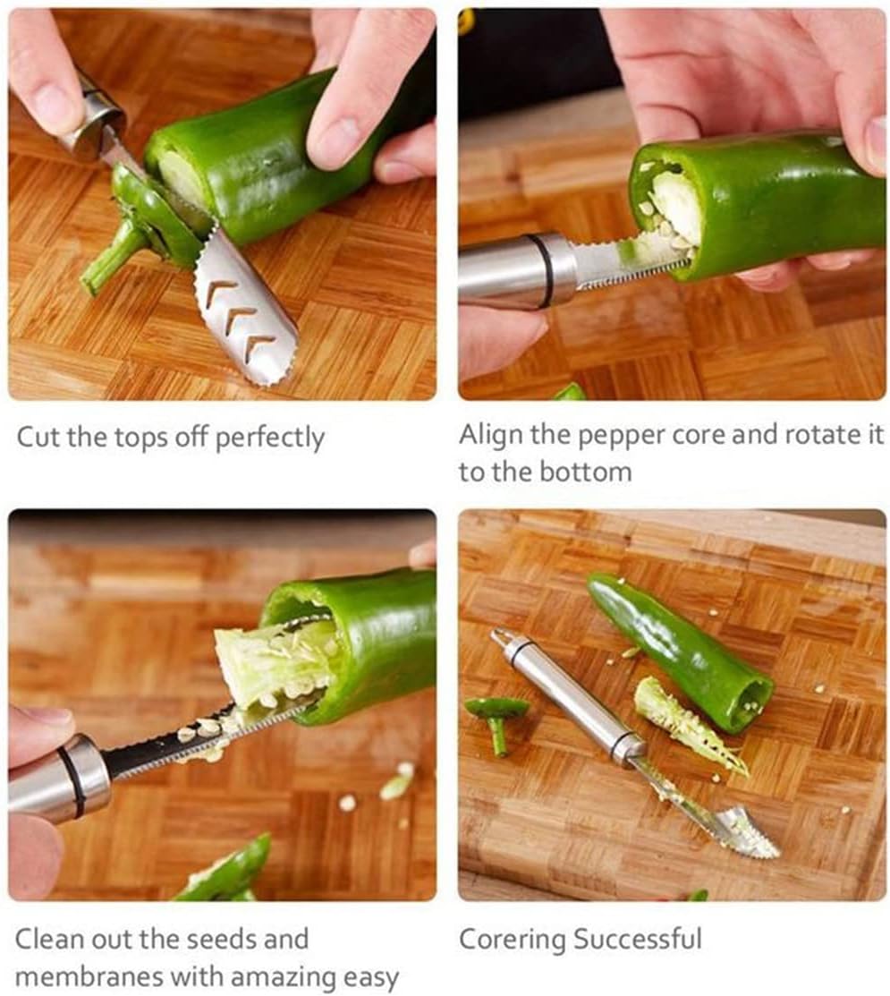2023 New Pepper Seed Corer Remover with Cleaning Cloth, Jalapeno Pepper Corer Tool Chili Deseeder, 304 Stainless Steel Fruit Seed Remover with Serrated Teeth, Suitable for Kitchen Grill Use (1pcs)