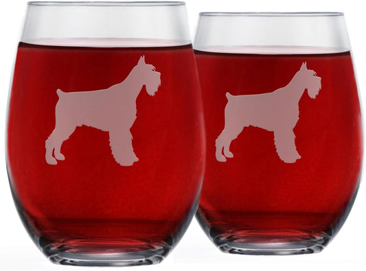 Schnauzer Stemless Wine Glasses (Set of 2) | Unique Gift for Dog Lovers | Hand Etched with Breed Name on Bottom