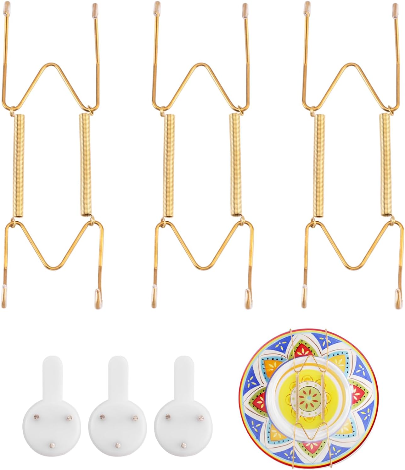 3 Pack Plate Hangers for The Wall Suitable for 6-8 inch Small Decorative Plate, Invisible Stainless Steel Plate Hangers for Display with Wall Hooks, for Plates/Platter/Dish/Picture(Gold)