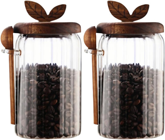 ANSQU 27oz Glass Jar with Wooden Lid and Spoon, 2 Pack Food Storage Containers Coffee Jar Coffee Grounds Container, Glass Food Storage Canister