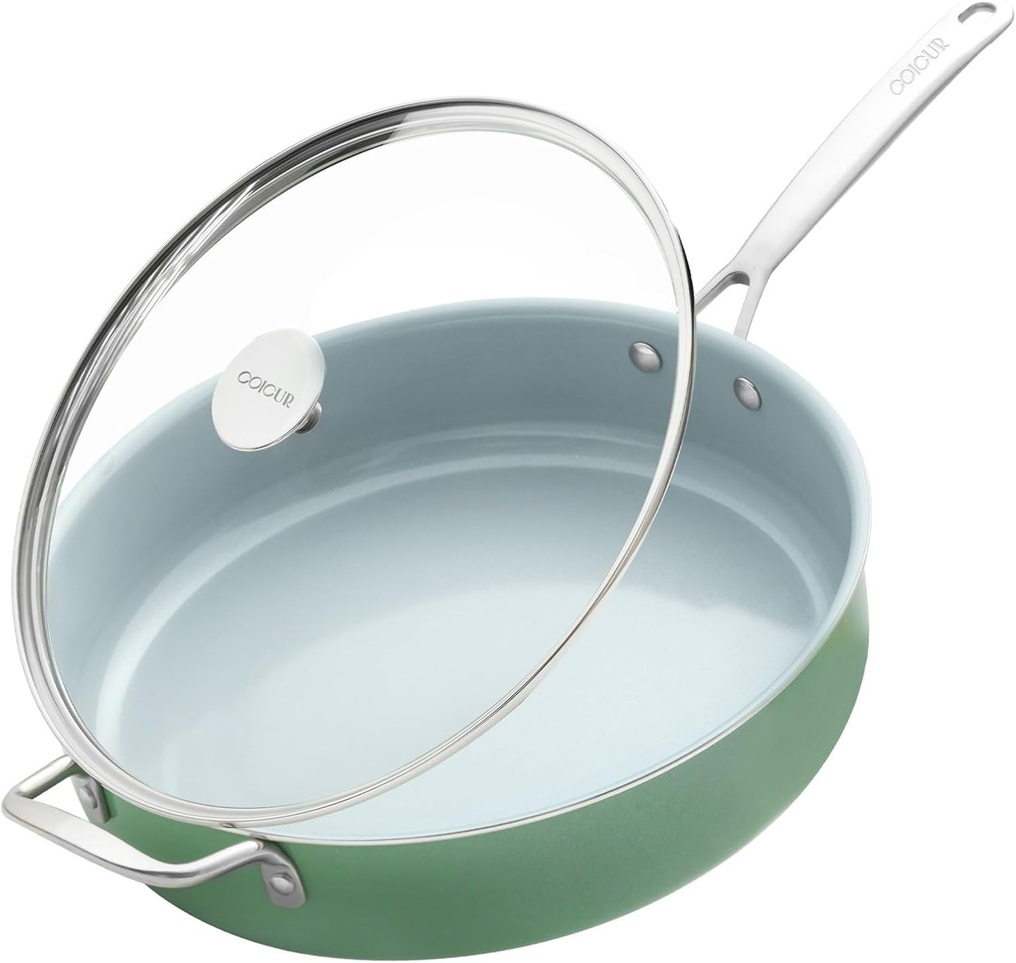 Nonstick Sauté Pan with Lid 5 QT Deep Frying Pan with Stainless Steel Helper Handle 12 inch Large Skillet Ceramic Jumbo Cooker for Healthy Cooking, Induction Compatible Cookware, PFOA Free