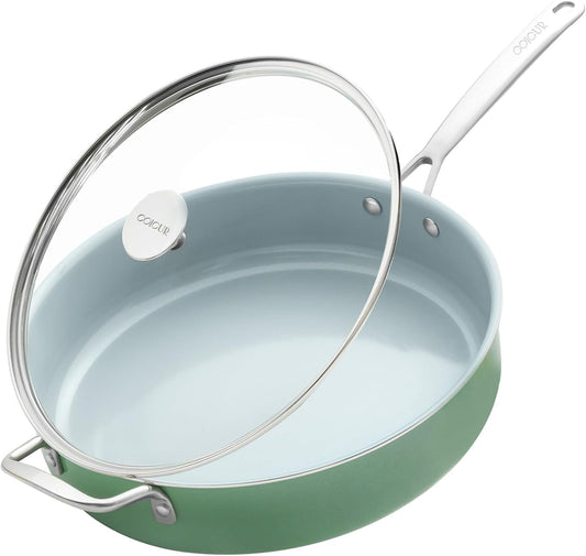 Nonstick Sauté Pan with Lid 5 QT Deep Frying Pan with Stainless Steel Helper Handle 12 inch Large Skillet Ceramic Jumbo Cooker for Healthy Cooking, Induction Compatible Cookware, PFOA Free