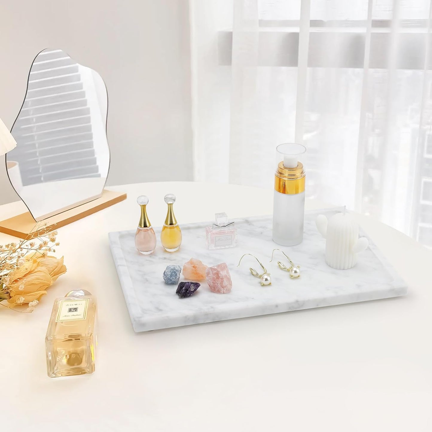 Real Luxurious Natural Marble Tray - 12x8 Inch Marble Vanity Tray for Perfume Display, Jewelry Organizer, Bathroom & Home Decor -Heavy Duty Non-Slip Stone Tray (Non-Resin/Non-Ceramic)