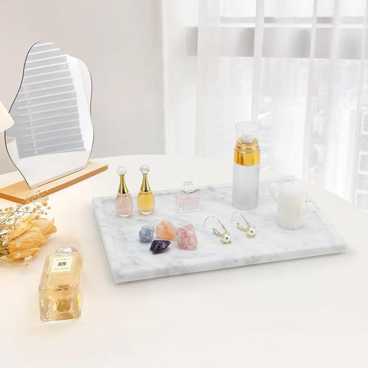 Real Luxurious Natural Marble Tray - 12x8 Inch Marble Vanity Tray for Perfume Display, Jewelry Organizer, Bathroom & Home Decor -Heavy Duty Non-Slip Stone Tray (Non-Resin/Non-Ceramic)