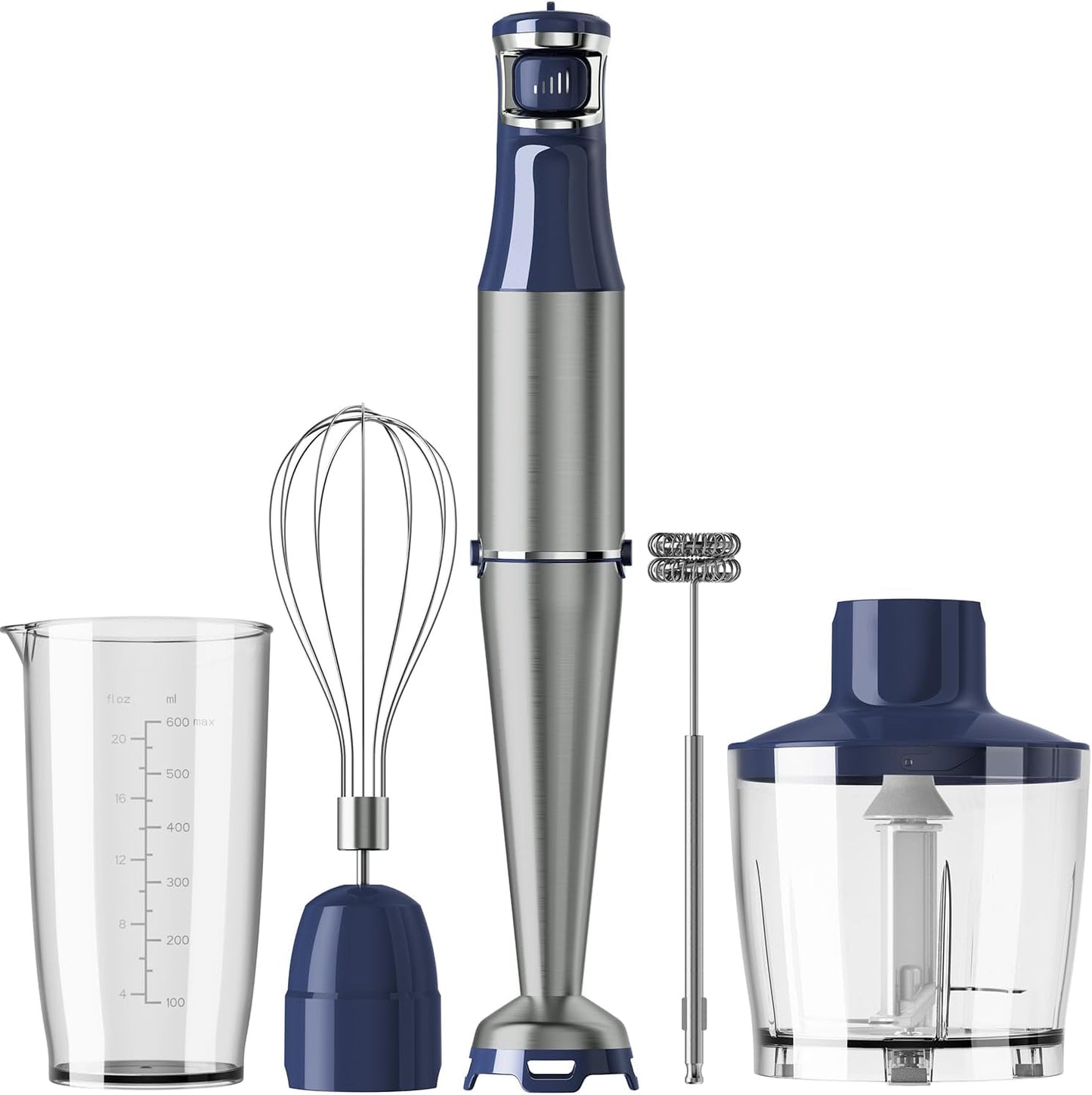 Immersion Blender Handheld Corded Hand Blenders Set 1100W, Trigger Variable Speed 5 in 1 Stick Emulsifier with Chopper, Whisk and Frother for Soup, Baby Food and Smoothies, Navy Blue