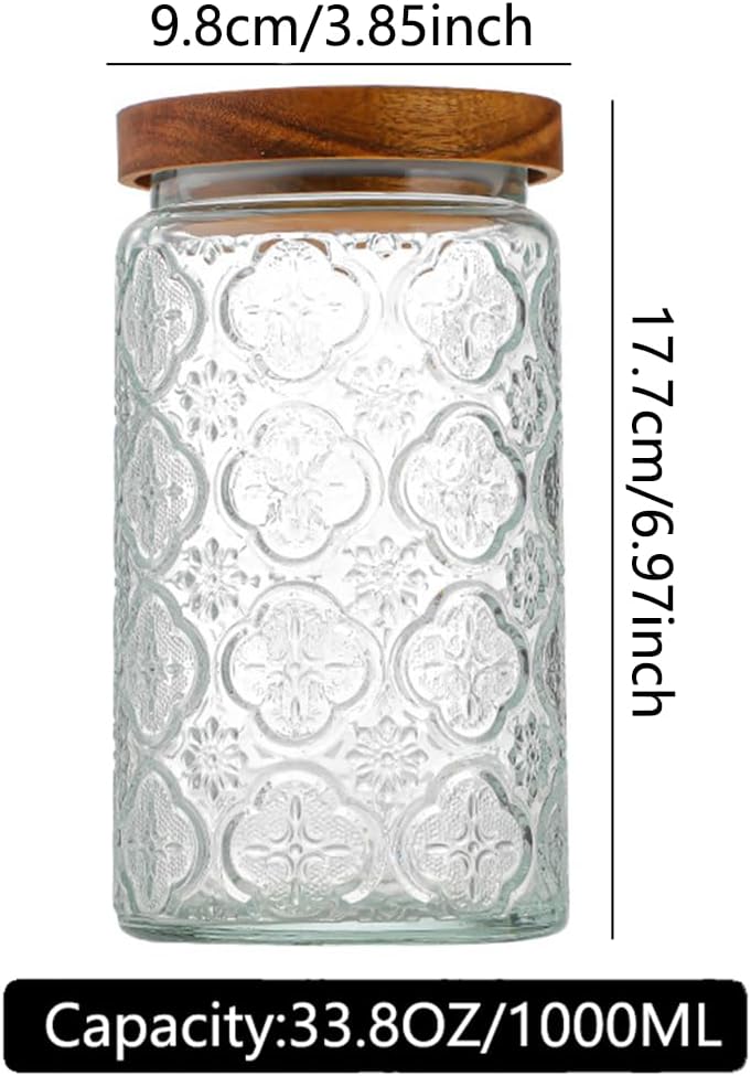 ANSQU Vintage Glass Storage Jar, Glass Canister Storage Jar Container with Airtight Wooden Lid for Kitchen Counter, Pantry, Coffee, Tea, Sugar, Cookie Jars (Round-Begonia)