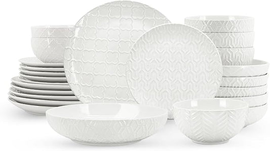 Sureasy Ceramic Plates and Bowls Sets, 24 Pieces Dinnerware Sets for 6, Embossed Scratch Resistant Dinner Set, Dishwasher and Microwave Safe, White