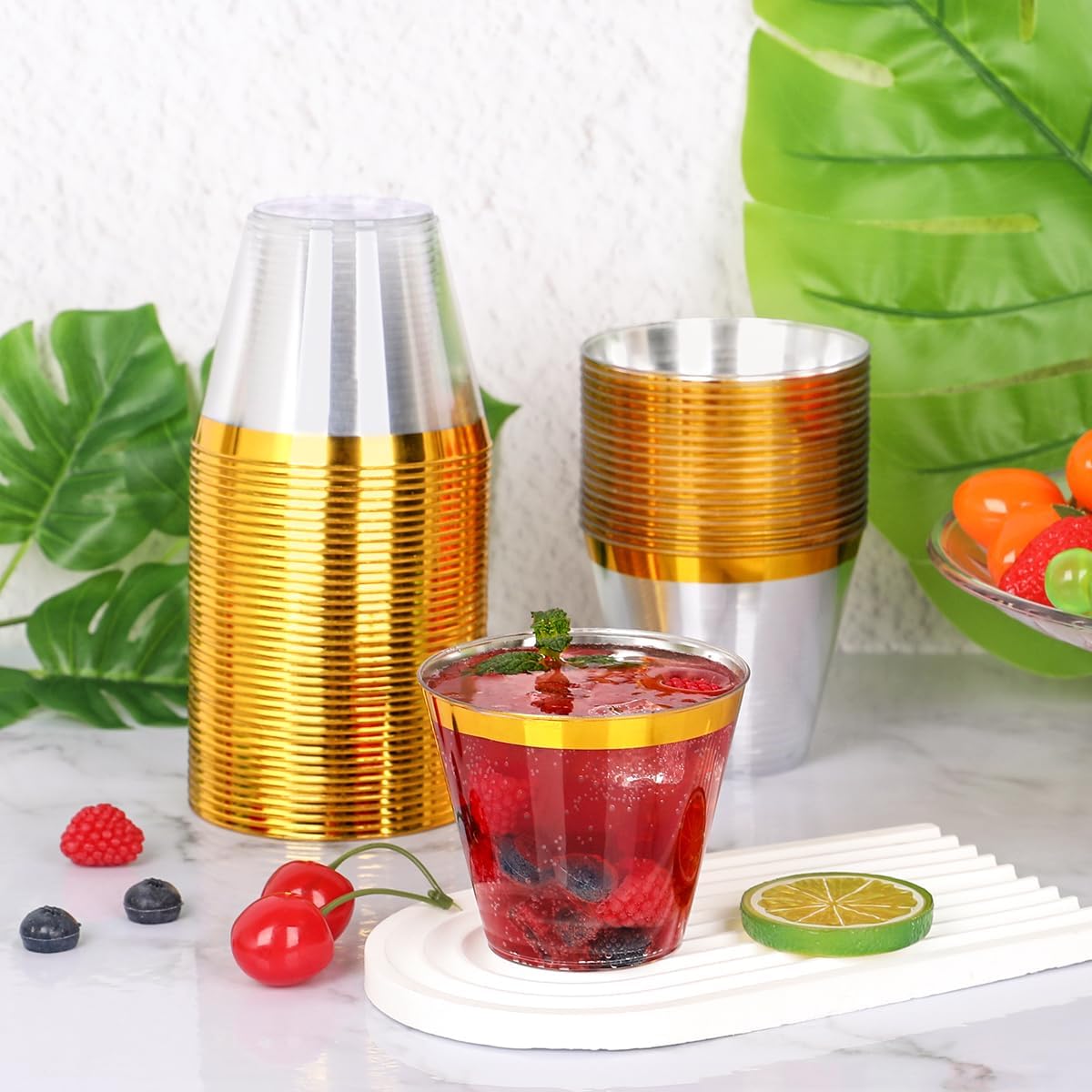 300 Pcs Gold Plastic Cups,9Oz Gold Rimmed Plastic Cups,Heavy Duty Gold Rim Clear Disposable Plasitc Cocktail Tumblers Wine Cup for Party,Wedding,Birthday,Christmas