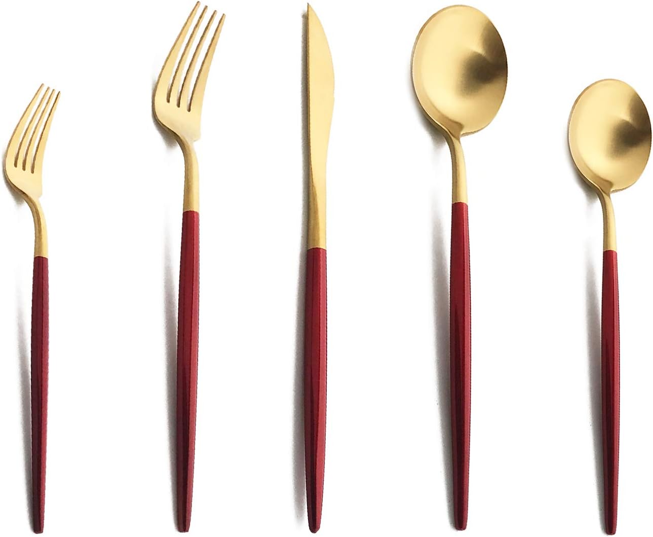 Silverware Set, Hand polished Matte Gold Red Flatware Cutlery Set Service for 2, Satin Finish 10 Pieces 18/10 Stainless Steel Utensils Set for Home and Restaurant, Dishwasher Safe