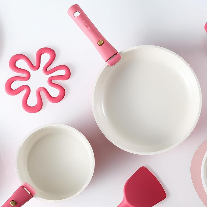 CAROTE Ceramic Pots and Pans Set Non Stick, Nonstick Kitchen Cookware Sets with Lid, Detachable Handle Sauté Pan Set, Non Toxic Frying Pan, Oven Safe, Induction Ready, Pink