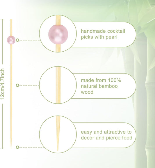 200 PCS Pink Cocktail Toothpicks for Appetizers, Natural Bamboo Coctail Skewers Sticks, Pearl Decorative Cocktail Tooth Picks for Drinks, Fruit, Charcuterie, Wedding Food Party Fancy 4.7 Inch Long