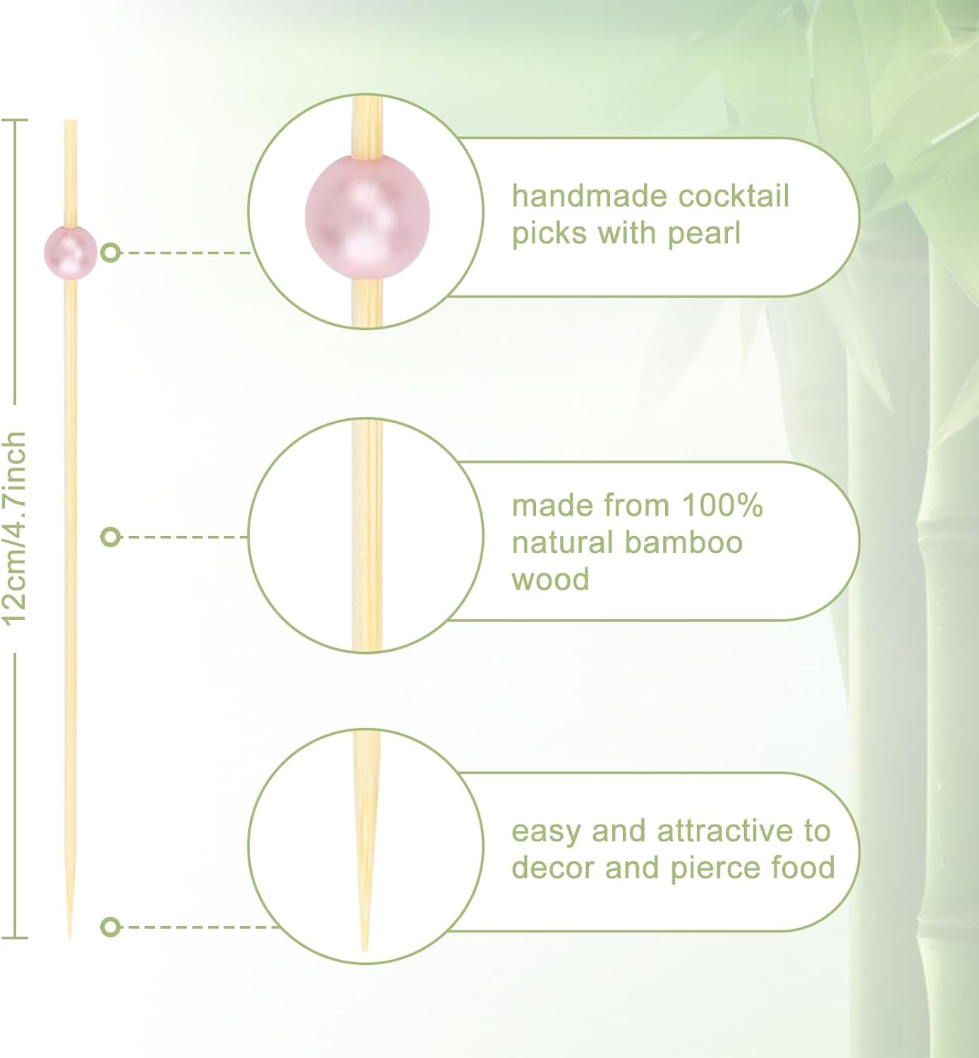 1000 PCS Pink Cocktail Toothpicks for Appetizers, Natural Bamboo Coctail Skewers Sticks, Pearl Decorative Cocktail Tooth Picks for Drinks, Fruit, Charcuterie, Wedding Food Party Fancy 4.7 Inch Long