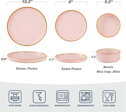 Famiware Nebula Plates and Bowls Sets for 4, 12 Pieces Stoneware Dinnerware Set, Microwave and Dishwasher Safe Dishes Set, Light Pink with Brown Rim