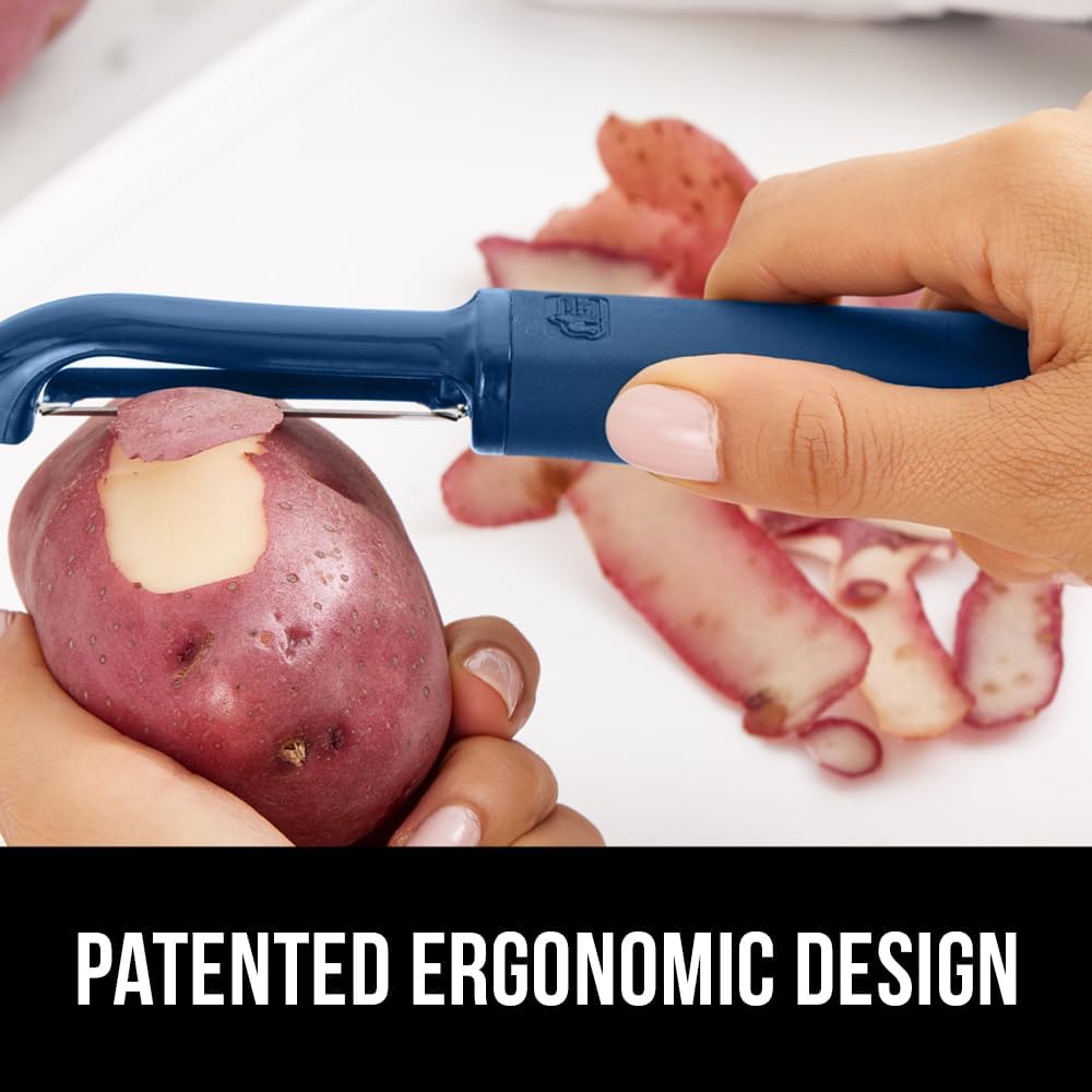 GORILLA GRIP Patented BPA-Free Sharp Stainless Steel Swivel Vegetable Peeler, Comfortable Handle Potato Peelers, Smooth Peeling, Peel Carrots Apple, Includes Blade Cover, Kitchen Tool, Blue