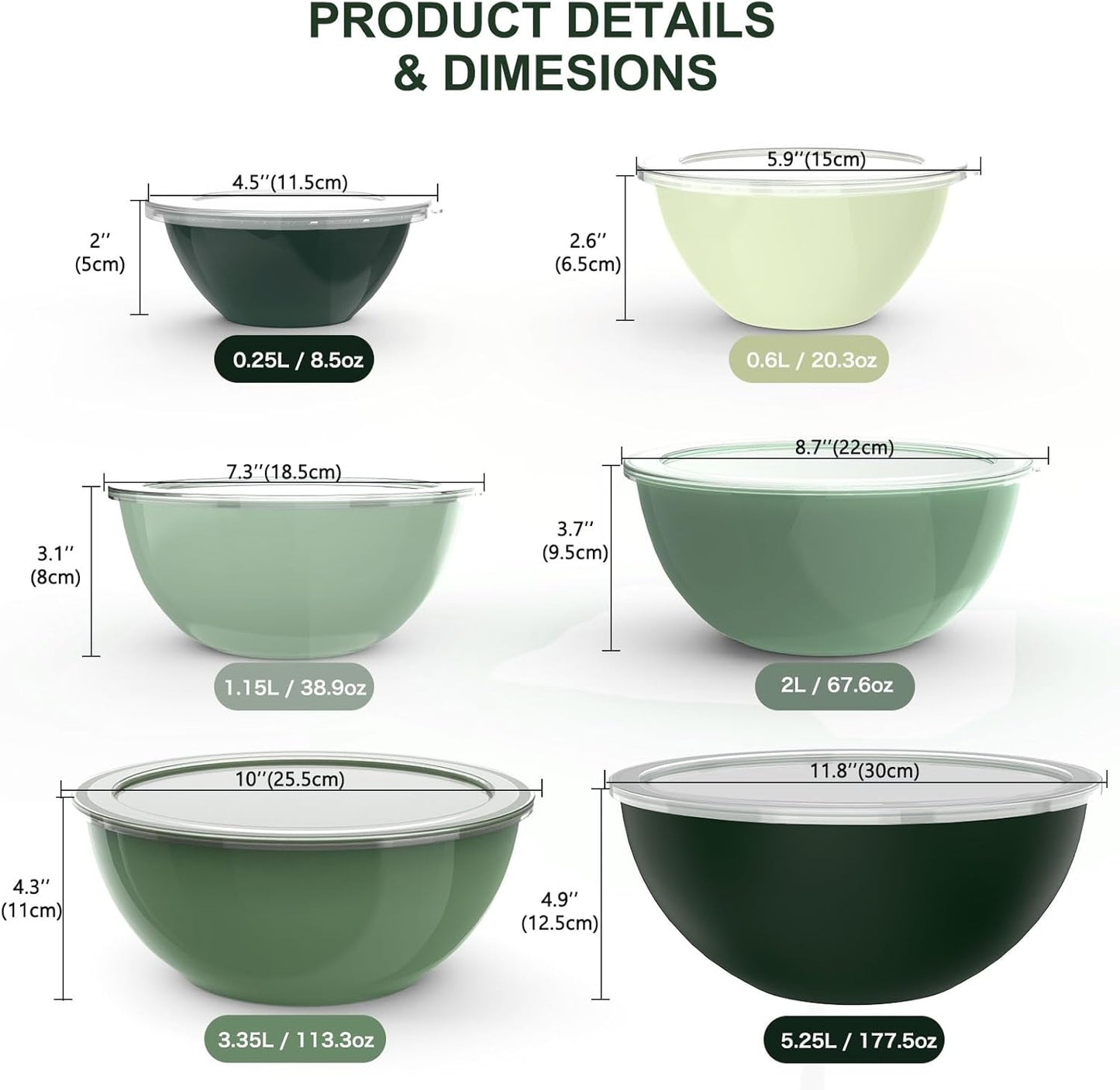 6-Piece Plastic Mixing Bowl Set with Lids for Kitchen, Nesting Storage Bowls for Baking, Prepping,Cooking and Serving Food, Dishwasher, Microwave Safe,Great for Mixing & Serving (6 Set-Green)