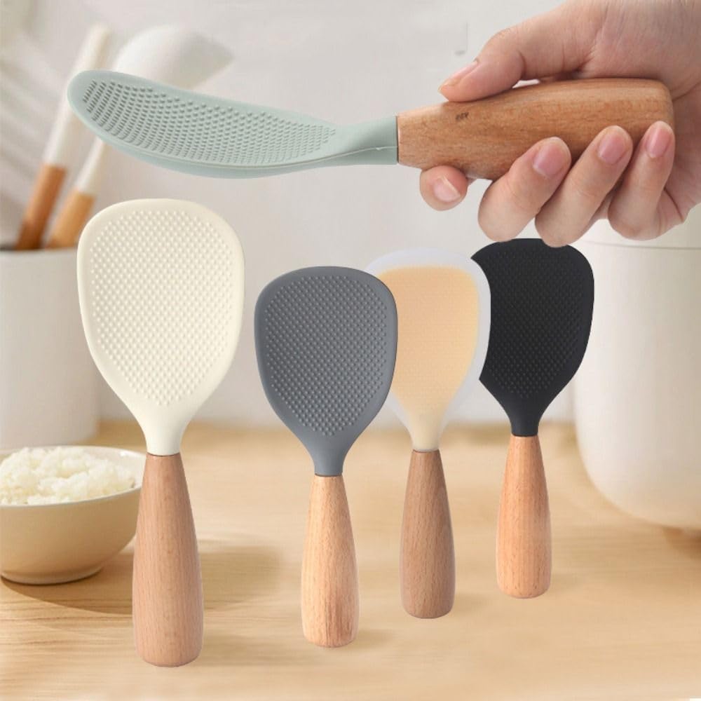 Standing Silicone Wooden Rice Paddle Kitchen Utensils Cooking Ladle Handle, Heat Resistant Rice Scooper, scalding Rice Scooper, Rice and Potato Servers, Serving Spoons，Kitchen Serving Utensil