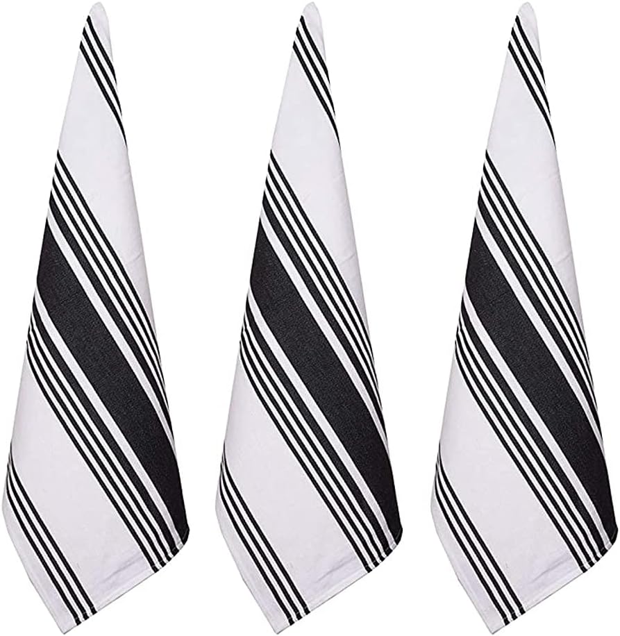 Urban Villa Kitchen Towels 100% Cotton Pack of 3, Highly Absorbent Quick Drying Super Soft Premium Dish Towels for Kitchen with Hanging Loop Hand & Tea Towels - 20x30 Inch, (Black & White, Striped)