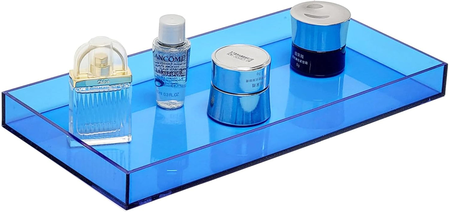 ROYALITA Acrylic Tray Bathroom Tray for Countertop, Guest Towel Holder Tray for Napkin Perfume Jewelry Makeup, Vanity Trays for Soap Dispenser, Aromatherapy, Cup & Candle, Blue