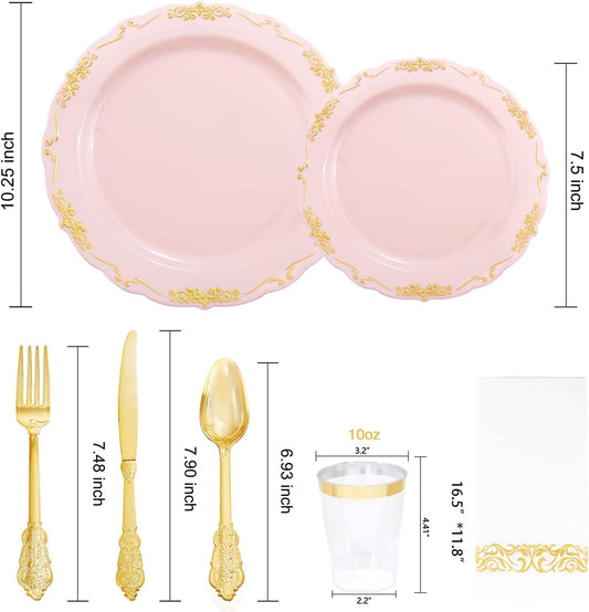 Supernal 210 Pink and Gold Plastic Plates ＆ Plastic Silverware,Elegant Party Cups,Dessert/Salad Plate with Gold Rim, disposable paper Napkins,Suit for Bridal Shower, Wedding,Birthday