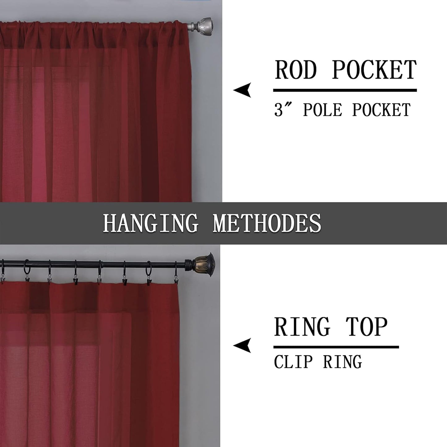 Tollpiz Sheer Curtains Linen Textured Living Room Curtain Sheers Light Filtering Rod Pocket Voile Curtains for Bedroom, 42 x 63 inches Long, Burgundy Red, Set of 2 Panels