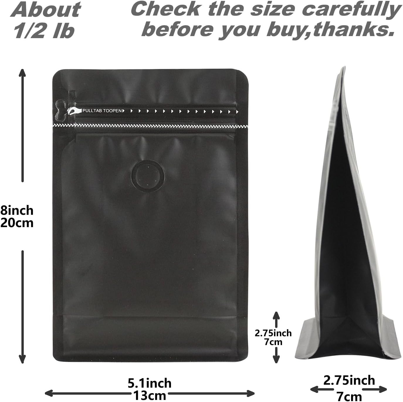 110 Pack High Barrier Stand-Up Coffee Bean Bags with Vented Valve, Matte Metallic, Heat-Sealable and Resealable Solid Color Pouches for Food Storage (5.1 * 8 inch,1/2 lb,8 oz,Black)