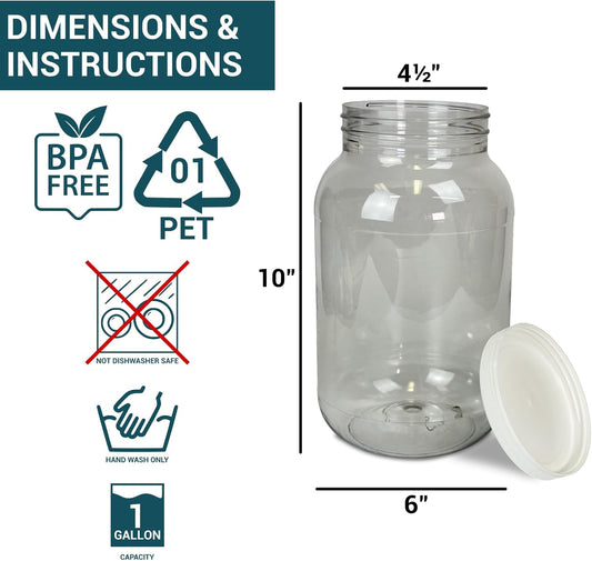 1 Gallon Large Plastic Jars with Lids (2 Pack) - Food Safe & Air Tight - Large Clear Plastic Containers with Lids - Wide Mouth Food Storage Jars - Kitchen & Pantry Organization by Billy Buckskin