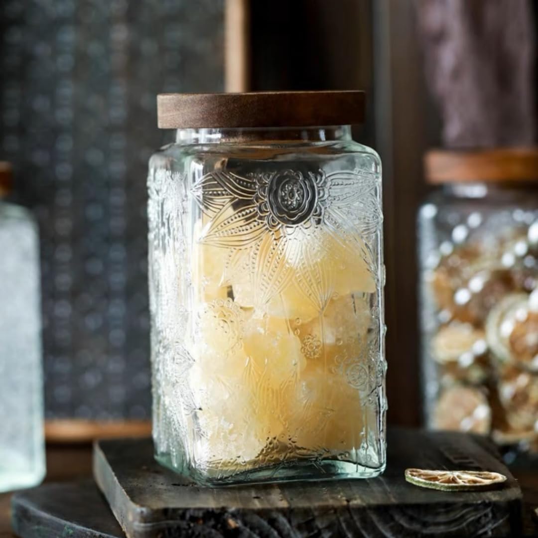 ANSQU Vintage Glass Storage Jar, 34oz Glass Canister Storage Jar Container with Airtight Wooden Lid for Kitchen Counter, Pantry, Coffee, Tea, Sugar, Cookie Jars (Square-Sunflower)