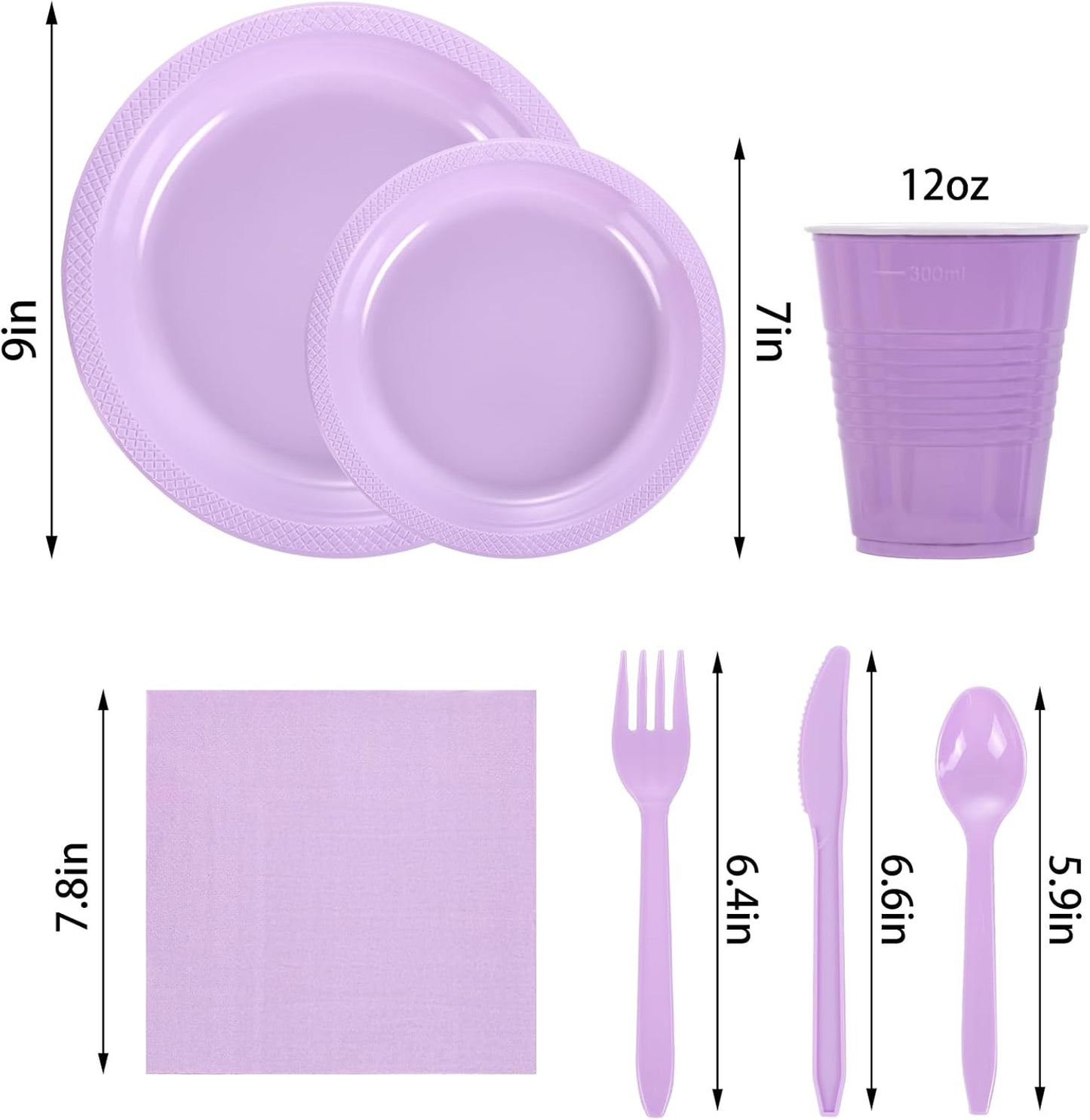 WELLIFE 210Pcs Lavender Plates,Light Purple Plastic Dinnerware Set,Party Supplies Including purple plates, 12OZ Cups, plastic Cutlery and Paper Napkins Serve 30 Guests, Disposable Plates for Party