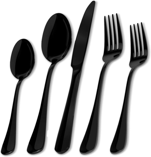 Aisoso Black Silverware Set, 20-Piece Stainless Steel Flatware Cutlery Set Service for 4, Include Knife Fork Spoon, Stylish Mirror Finish, Perfect for Home Kitchen Restaurant