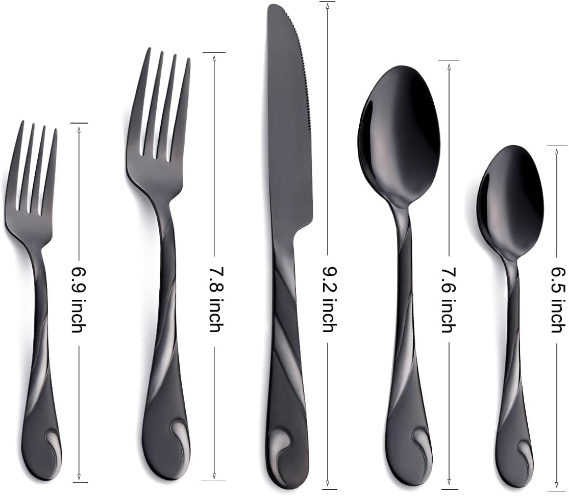 Black Silverware Set for 12, 60-Piece Stainless Steel Flatware Set, Shiny Black Metal Cutlery Set, Include Fork, Knife and Spoon Set, Dishwasher Safe