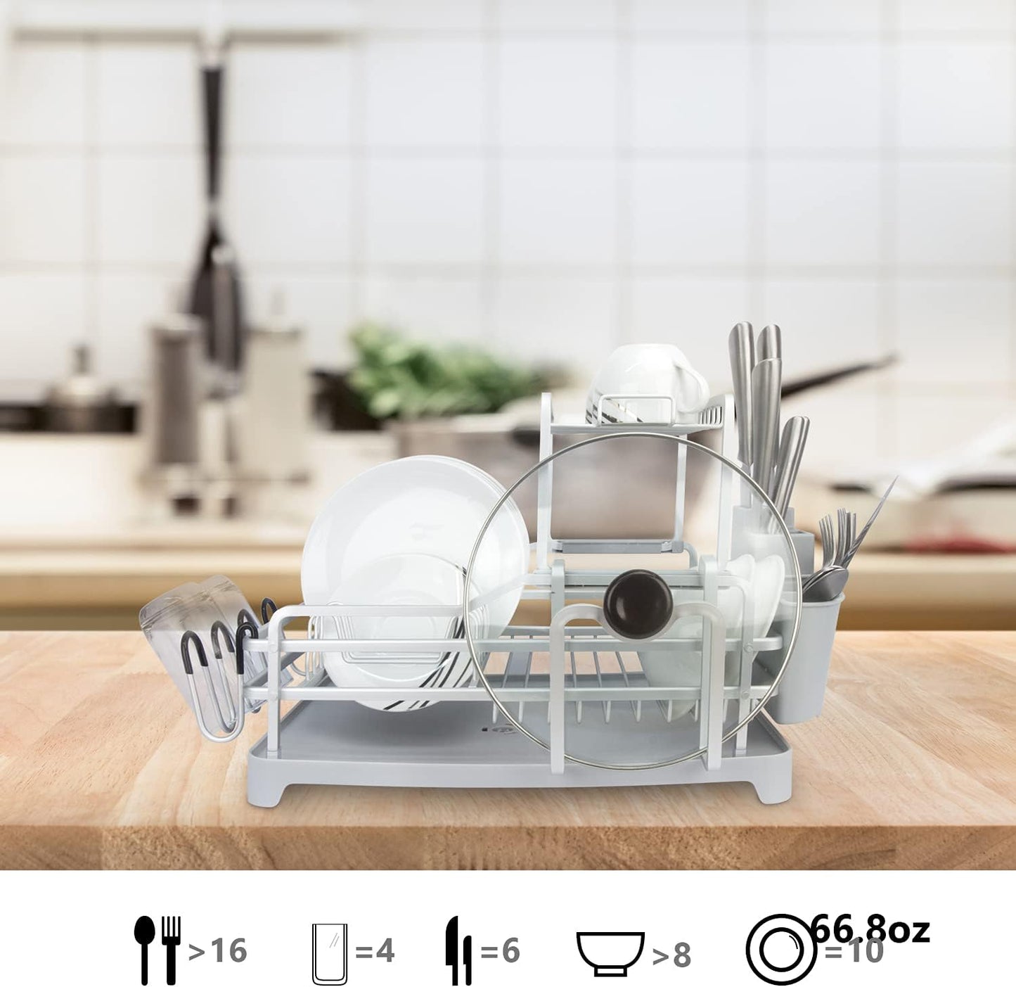 Evelyne GMT-10353-B Aluminum Dish Drying Rack with Utensil Holder - 2 Tier Kitchen Countertop Rust Proof Dish Rack Lid Hanger and Drainboard Set - Large Dish Organizer Rack