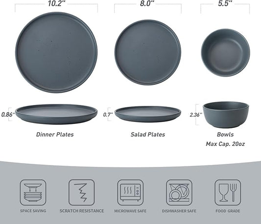 Famiware Dawn Plates and Bowls Sets, 12 Pieces Stoneware Dinnerware Sets, Dishes Set for 4, Microwave and Dishwasher Safe, Charcoal