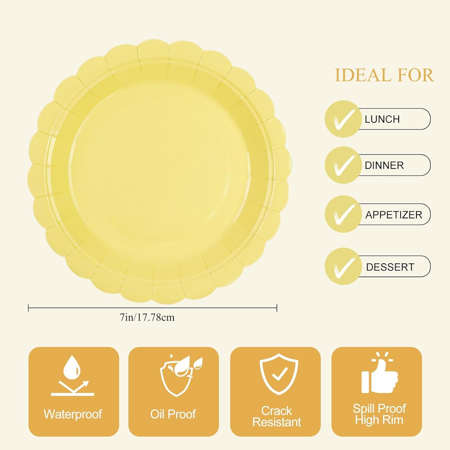 50Pcs Yellow Paper Plates-7 Inch Solid Color Scalloped Disposable Birthday Dinnerware Set Disposable Dinner Party Supplies for Graduation School Starts Wedding Baby Shower Fall Table Decor