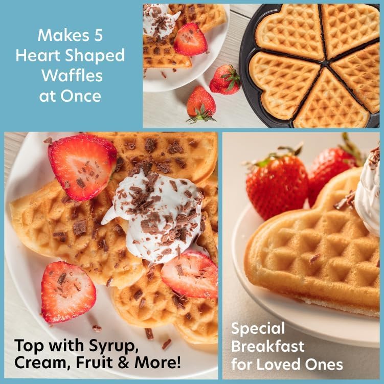 CucinaPro Heart Waffle Maker- Make 5 Heart Shaped Waffles, Special Loved Ones Holiday Breakfast- Nonstick Baker w Easy Cleanup, Electric Waffler Griddle Iron Adjustable Temperature Control- Xmas Gift